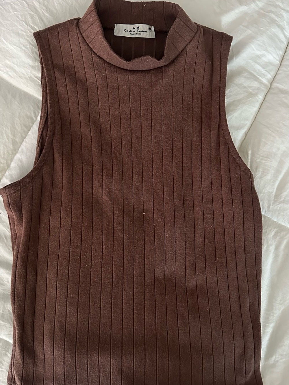 Sleeveless Ribbed Mock Neck Top - Brown